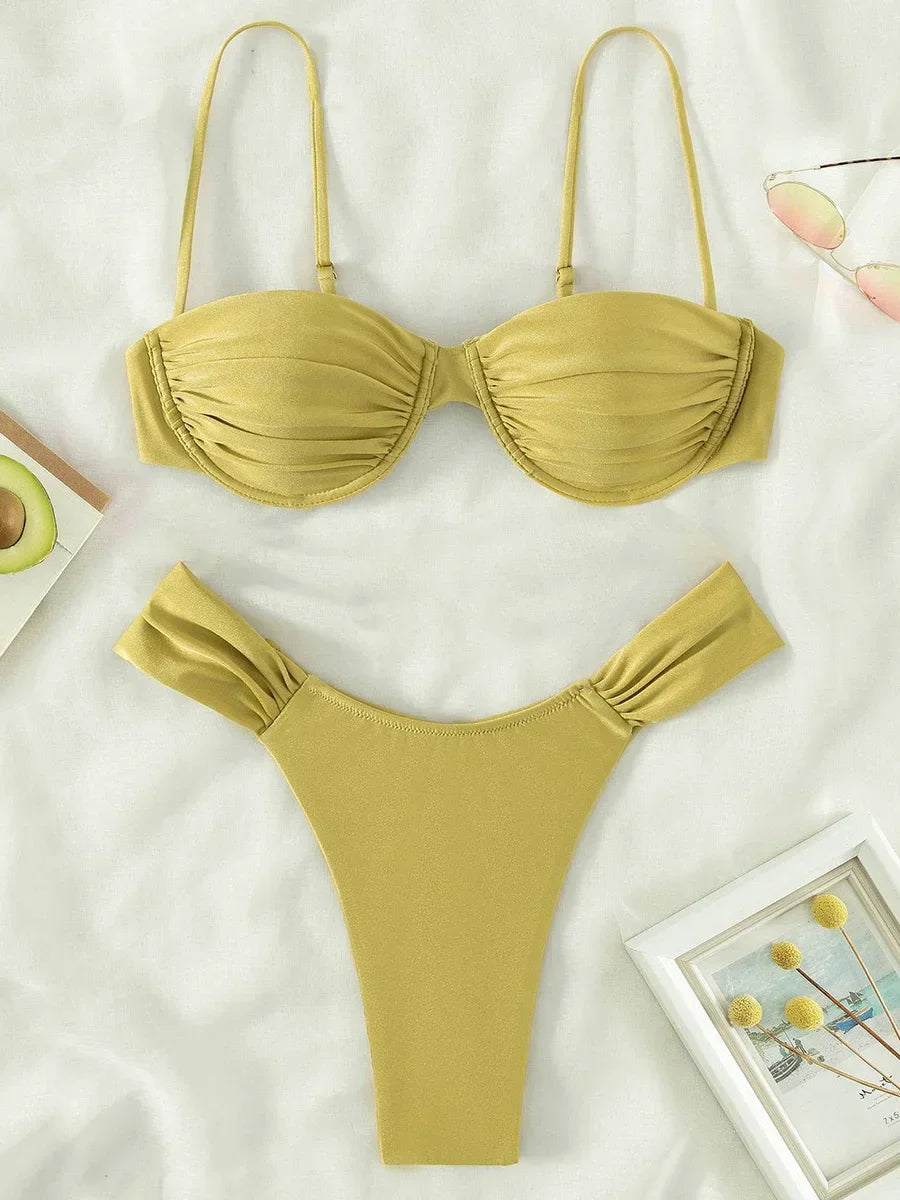 Sexy Wrinkled Underwired Brazilian Bikini Female Swimsuit Women Swimwear Two-pieces Bikini Set Triangle Bathing Suit Swim Lady