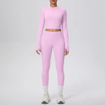New Women Yoga Set Solid Color Double-Sided Brushed Bare Feel Short Long-Sleeve Jacket Tight Pants Running Fitness 2-Piece Set