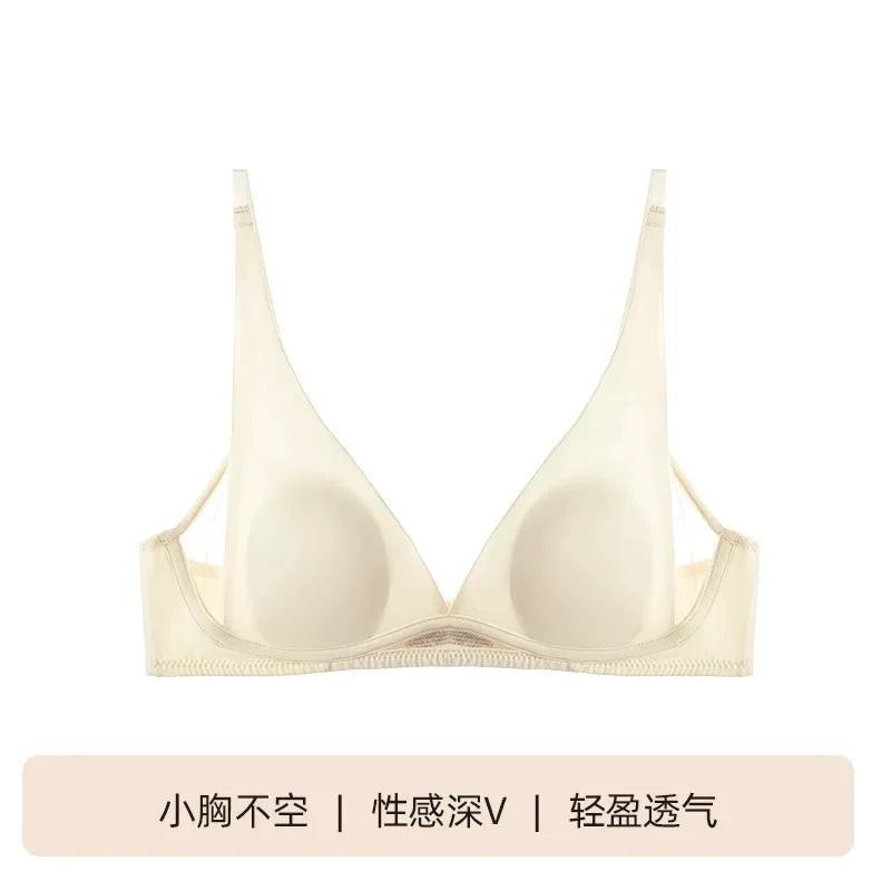 French Triangle Bra Rabbit Ear Cup, Deep V Wireless Bralette for Small Bust, No Gap Sexy Lingerie Set, Breathable Summer Thin