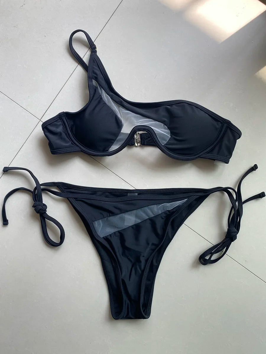 Splicing Mesh Underwire V-bar One Shoulder Bikini Women Swimsuit Female Swimwear Two Pieces Bikini Set Push Up Bathing Suit Swim