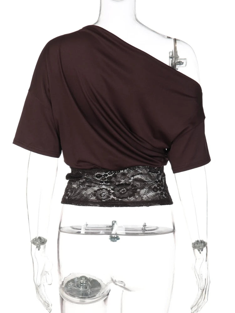 FDYOUI Sexy Chic Diagonal Collar Lace Patchwork T-shirts 2026 Women Short Sleeve Irregular Cropped T Shirt Lady Tunics Tops Tees