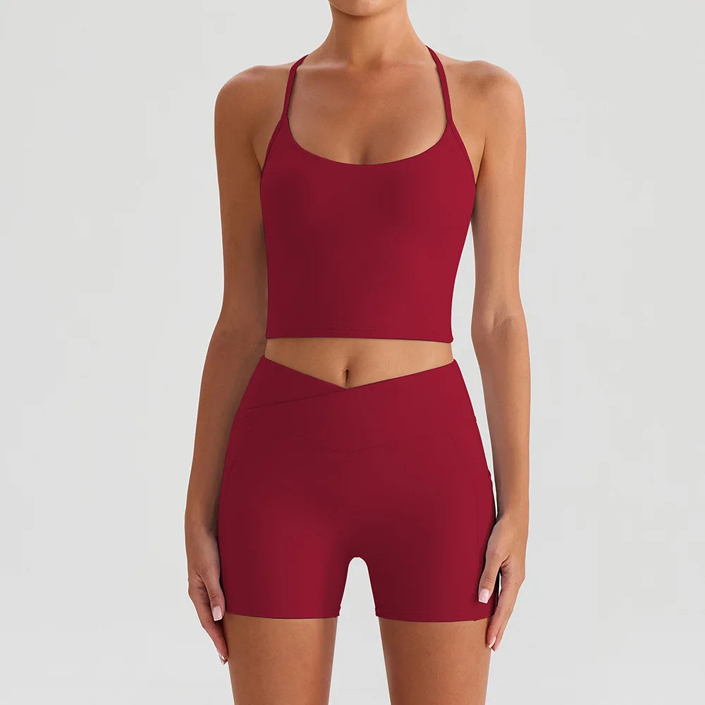 Yoga Shorts Sets Women Hanging Neck Hollow Back Sports T Shirts Sportsuit Gym High Waist Pocket Pants Fitness Workout Clothes