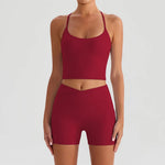 Yoga Shorts Sets Women Hanging Neck Hollow Back Sports T Shirts Sportsuit Gym High Waist Pocket Pants Fitness Workout Clothes