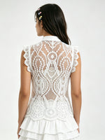 Women's Solid Color Lace Tank Tops Mandarin Collar Sleeveless Frog Buttons Summer Vest