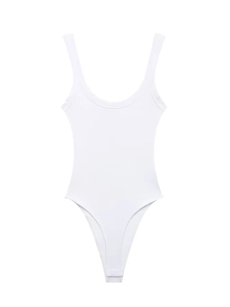 Women's Skinny Ribbed O-Neck Bodysuits with Straps Snap-Button Sexy Fashion Playsuits Comfortable Stretchy Female Clothing