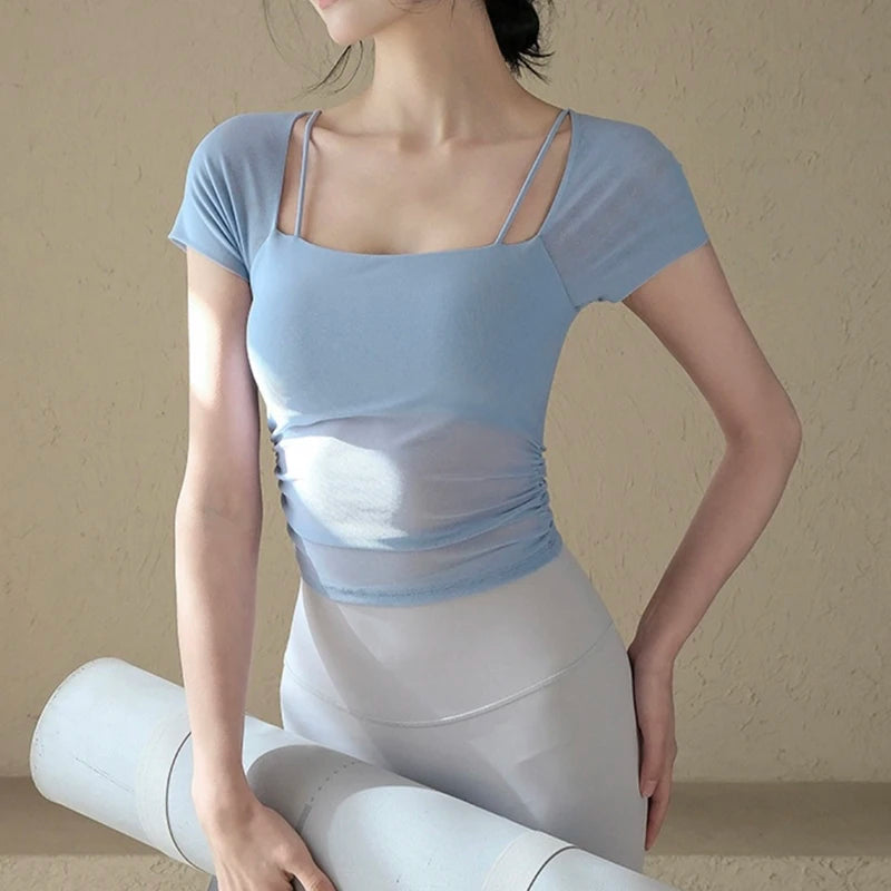 Women's yoga fitness short sleeved T-shirt, fixed chest cushion mesh fake two-piece yoga training fitness top