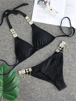 Luxury Rhinestone Bikini Women 2025 Sexy Orange Yellow Crystal Diamond Push Up Thong Swimsuit Beach Bathing Suit Tanga Swimwear