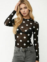 Women’s Spring Summer Crew Neck Mesh T-Shirts Long Sleeve Dots Print Slim Fit Transparent Classic Tops