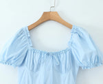 Bowknot Ruffles Light Blue Midi Dress Women's Summer Off Shoulder Short Sleeve Beach Dress Drawstring White A-line Vestidos 2025
