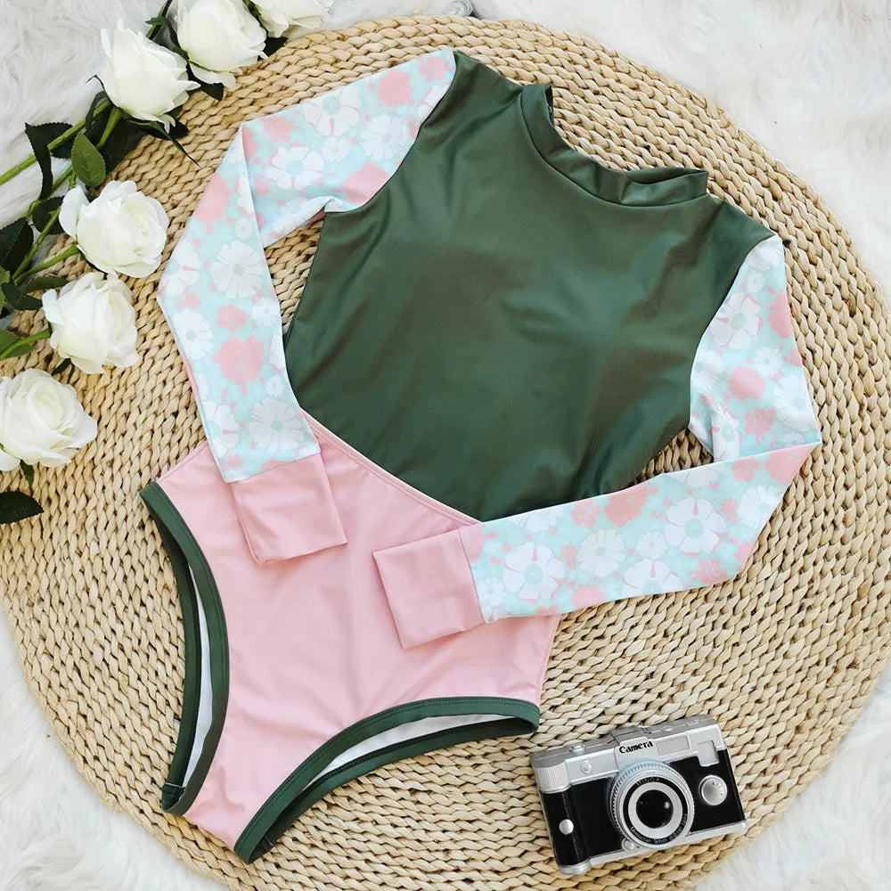 Long Sleeve Swimwear 2024 Surfing Bathing Suit Women Backless Print One Piece Swimsuit Retro Rashguard Monikini Bodysuit