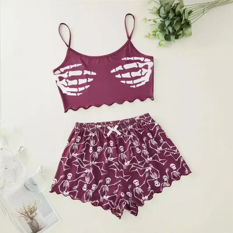 Sexy Alien Print Sling Sleepwear Women's Pajamas Set V-Neck Pyjamas Female Homewear Sleeveless CuteTop And Shorts