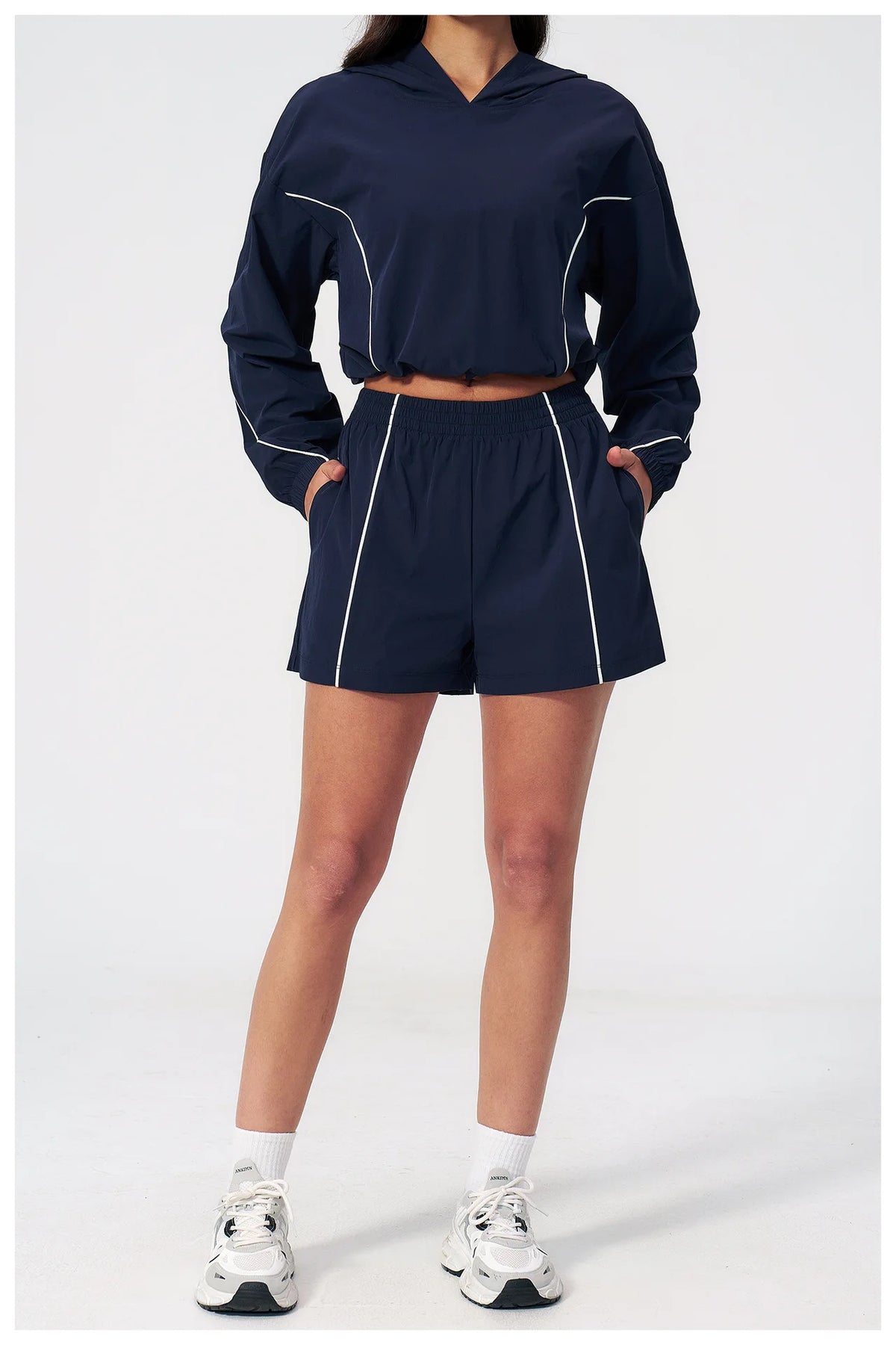 Summer Sun Protection Yoga Suit Women Contrasting Colors Long Sleeve Hoodies Top High Waist Shorts Running Fitness Athletic Wear