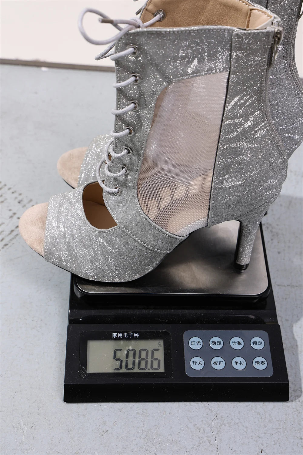 Silver Glitter Mesh Lace Up Summer Ankle Boots Women Peep Toe Zipper 10cm Stiletto High Heel Club Prom Dance Party Shoes Size 43