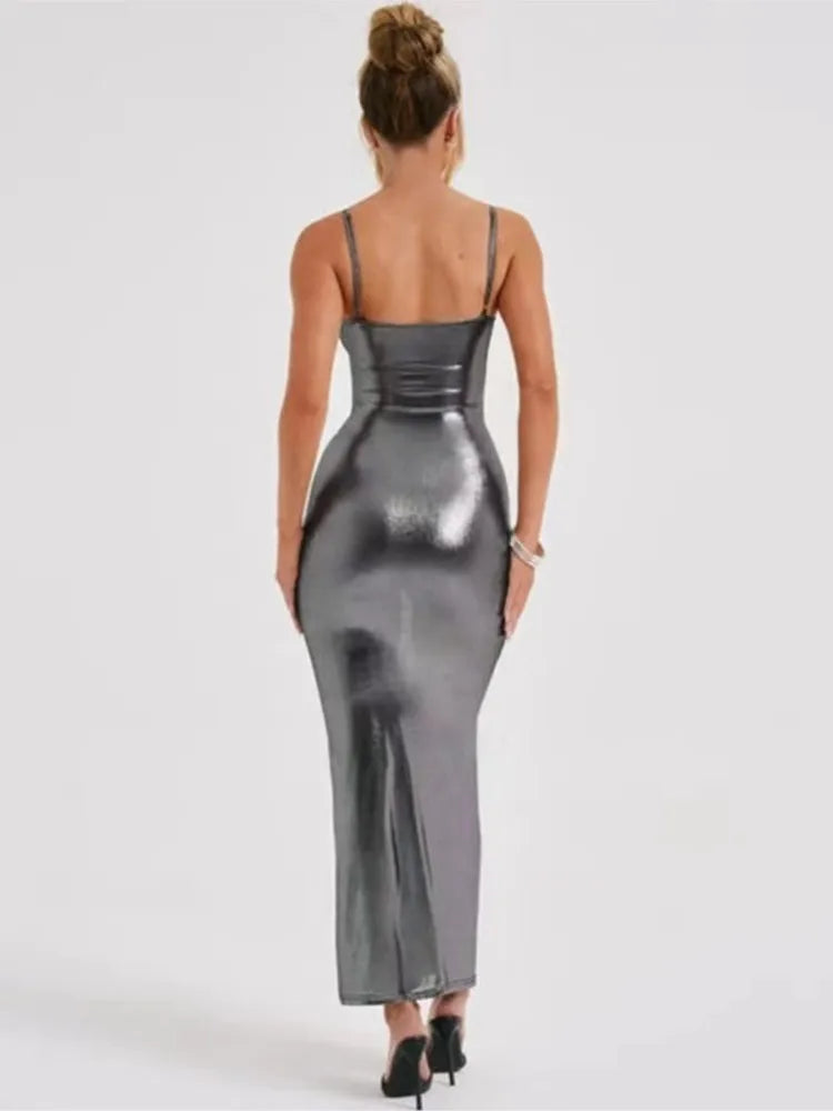 Faux Leather Slim Spaghetti Strap Dress For Women Strap Long Dresses Package Hip Bodycon Sexy Low Cut Party Evening Vestidos
