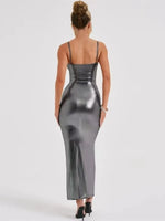 Faux Leather Slim Spaghetti Strap Dress For Women Strap Long Dresses Package Hip Bodycon Sexy Low Cut Party Evening Vestidos