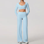 Hearuisavy Sports Set 2Pcs Women'sLong Sleeve Backless Fitted Fitness Top Push Up Pilates Yoga Top Wide Leg Straight Leg Pants
