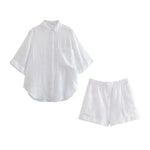 Foridol Casual 2 Pcs Shorts Women Set Linen Cotton Pink Oversize Buttons Shirt+shorts Outfits Summer Autumn White Fashion Set