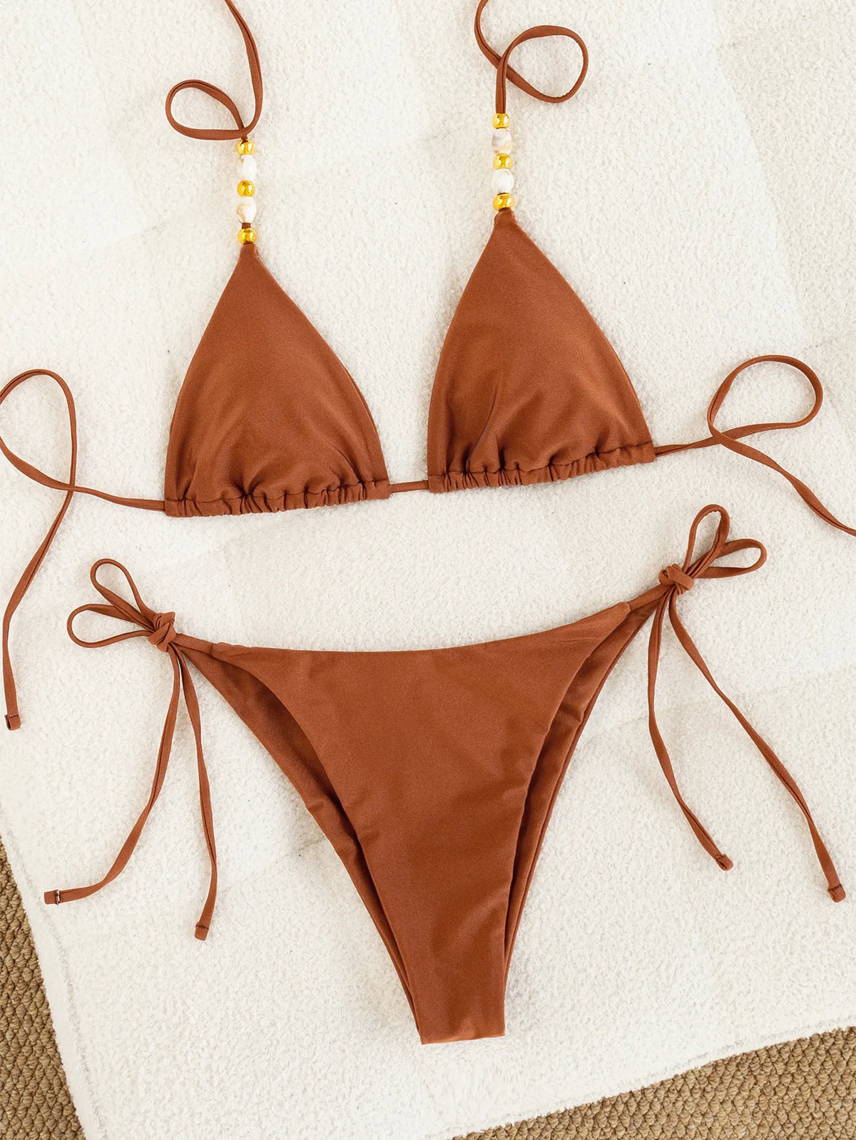 Sexy Coffee Bikini Set Women Pearls Strap Push Up Bandage Thong Swimsuit 2025 Brazilian Summer Bathing Suit Micro Swimwear