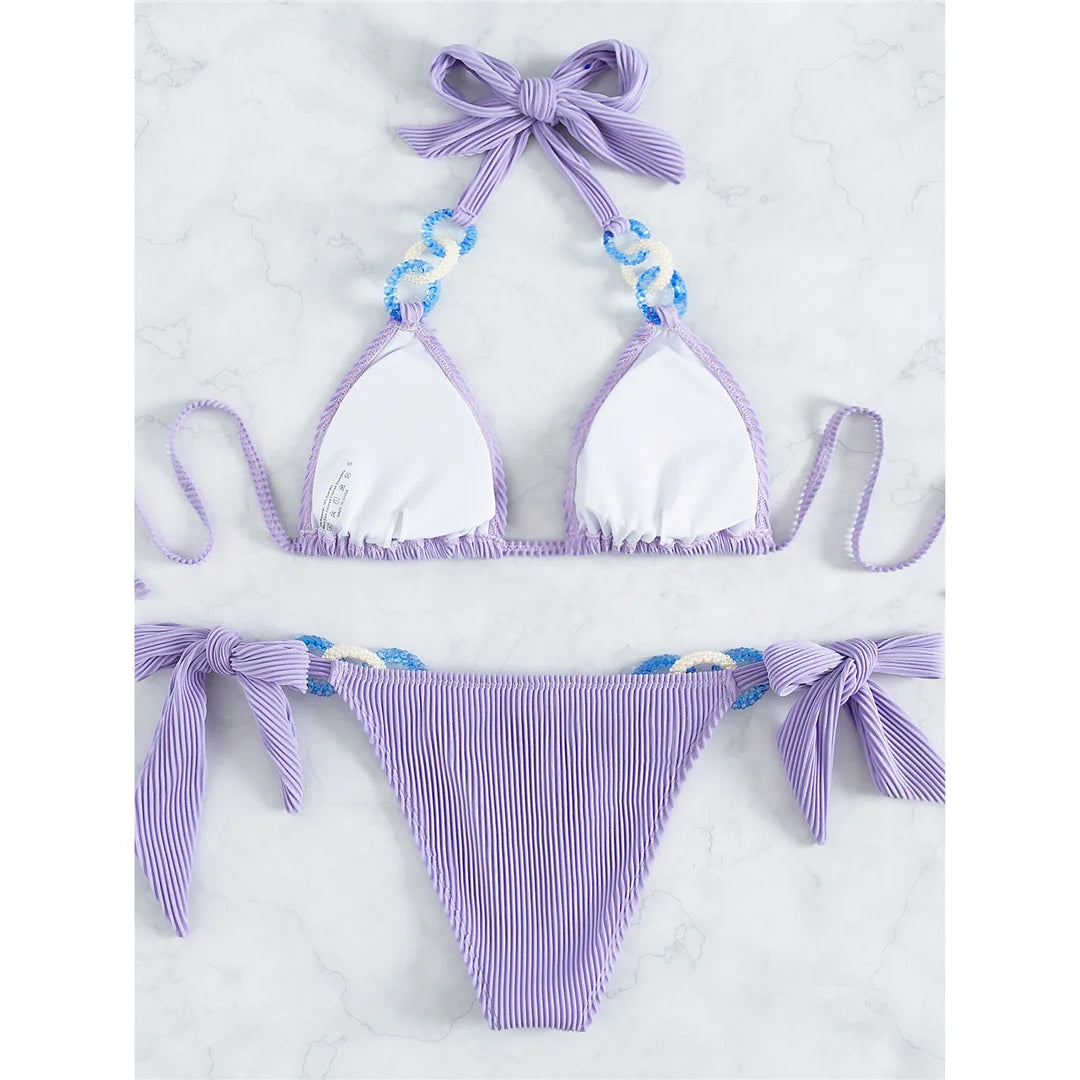 Purple Shiny Ring Ribbed Women Swimwear Bikini Female Swimsuit Two-Pieces Bikini Set Brazilian Bather Bathing Suit Swim V3385