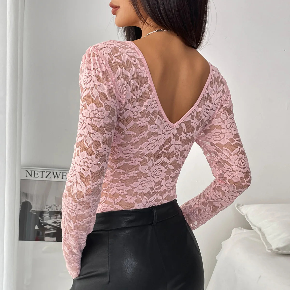 Sexy White Lace Bodysuit Women Solid Color Long Sleeve Sheer Corset Top Autumn Ruffles V Neck See Thourgh Slim Fit Jumpsuit