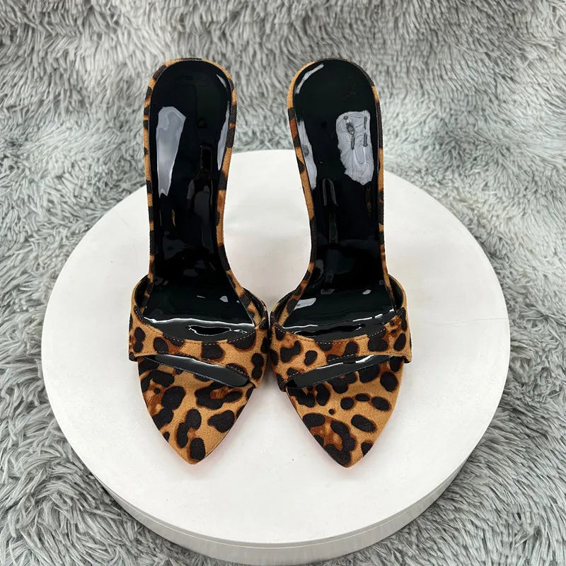 Women's Leopard Print Suede Pointed Toe Stiletto Mules - Slip-On High Heel Sandals for Party, Summer & Streetwear