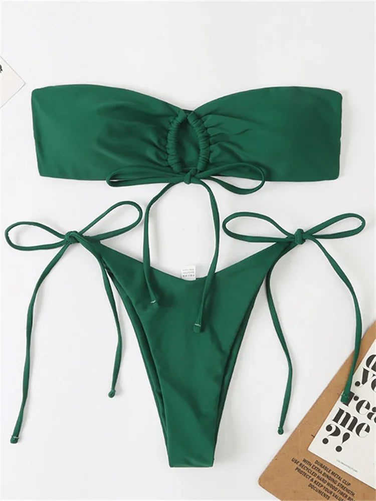 Sexy Bandeau Bikini Swimwear Women Red Black Pleate Lace Up Swimsuit 2024 Cut Out Beach Bathing Suit Tie Side Thong Bikinis Sets