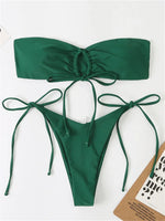 Sexy Bandeau Bikini Swimwear Women Red Black Pleate Lace Up Swimsuit 2024 Cut Out Beach Bathing Suit Tie Side Thong Bikinis Sets