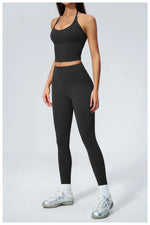Women Tracksuit 2PCS Seamless Yoga Sets Hanging V Neck Slim Sports Tank Top Fitness Outfits Gym Running High Waist Leggings Suit