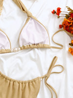 Sexy Pearls Triangle Bikini Set 2026 Women Khaki Bow Strap Push Up Bra Holiday Swimsuit Brazilian Bathing Suit Micro Swimwear