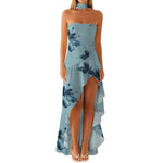 Women Flower Printed Tube Dress Summer Strapless Ruffles High Split Dress with Scarf for Party Cocktail Streetwear