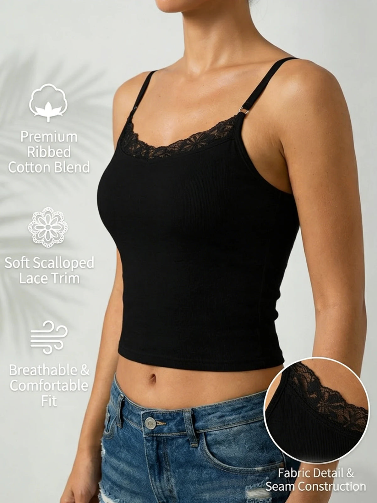 Summer Women Lace Neckline Camisole Adjustable thin straps Vest Top Built-in padding Breathable Sleeveless Underwear