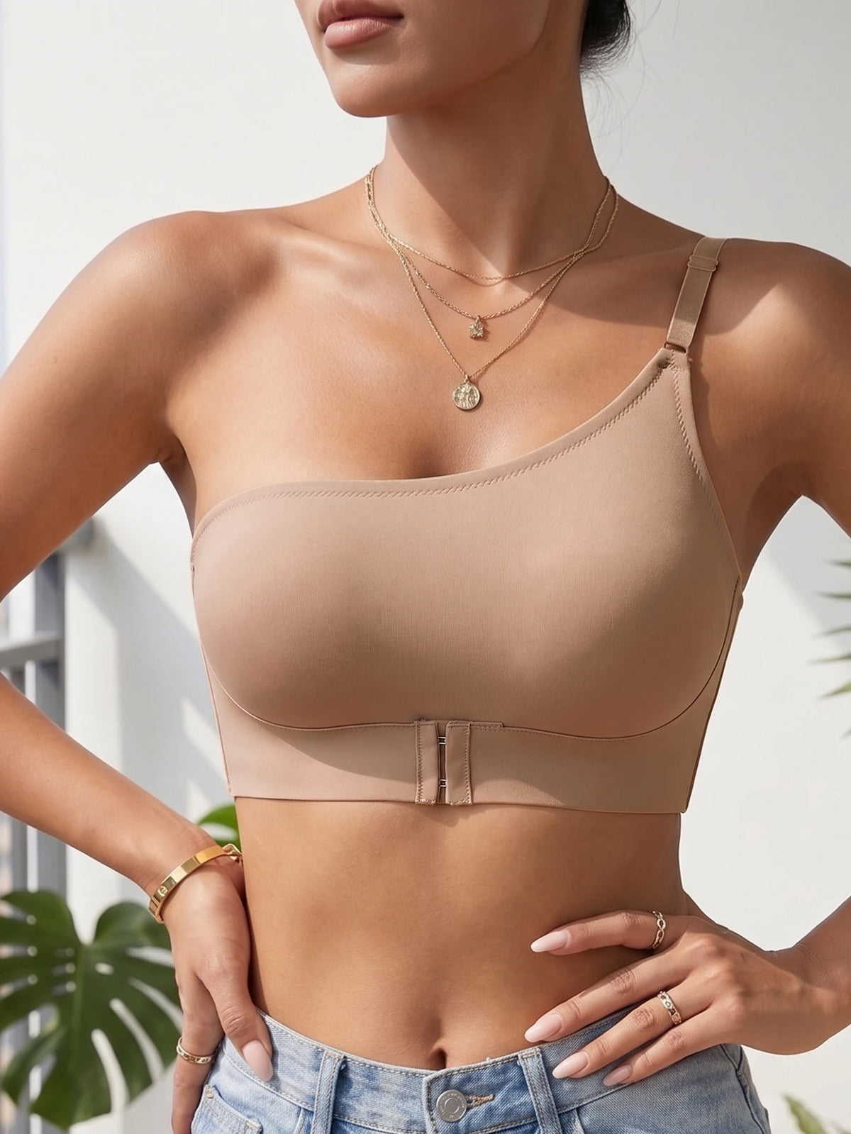 Solid Women's One Shoulder Seamless Bra Front Closure Thin Breathable Comfort Wireless Lingerie