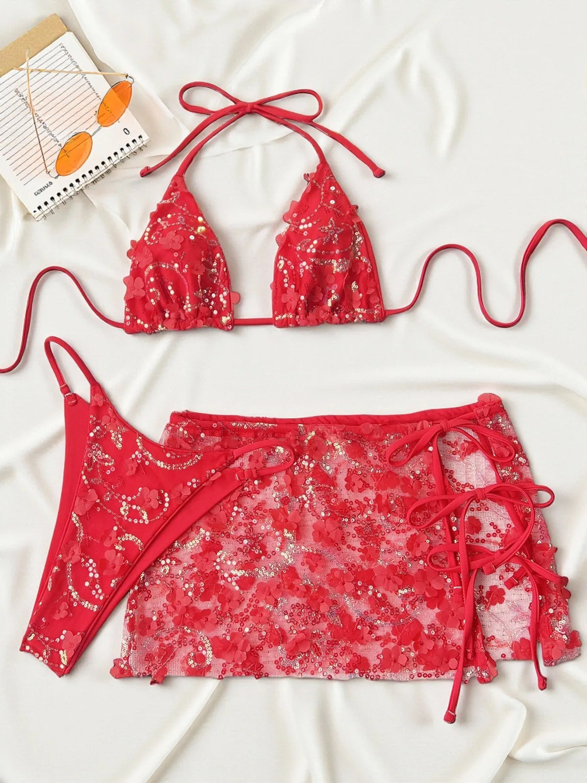 Sexy Shiny Sequin Blue White Bikini Set Women 3D Mesh Flower Cover Up 3 Piece Thong Swimsuit Beach Holiday Bathing Suit Swimwear
