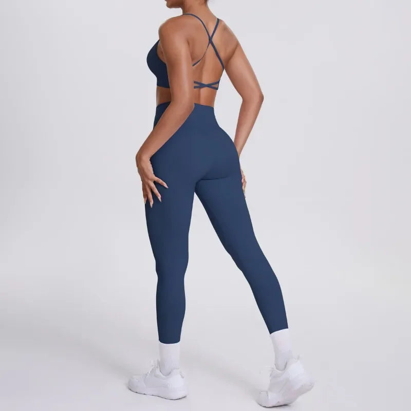Women's Seamless Yoga Set Cross Back Sports Bra & High Waist Booty Lifting Yoga Leggings Gym Running Fitness Workout Outfit
