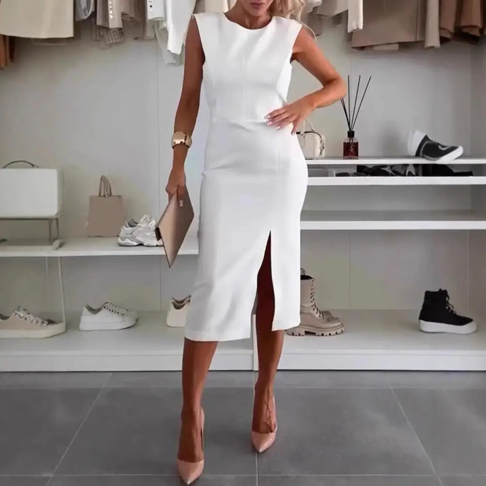 Summer Women Dress Sleeveless Round Neck Slim Fit Dress with Slit Design Midi Dress Women's Clothing Evening Party Clubwear