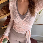 FDYOUI Women's V-neck Long Sleeve Lace T-shirt 2026 Ladies Chic Bandage Lace Tee Shirts Pink Streetwear Girls Slim Crop Tops