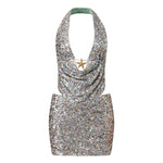 Summer Women Party Evening Sequins Outfits Backless Halter Low Cut Vest and Pencil Skirt Sets Y2K Aesthetic Clothes
