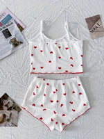 Women's Heart Print Sexy Ribbed Bow Decor Pajama Set, Round Neck Backless Comfortable Crop Cami Top & Shorts, Summer Nightwear