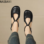 Women's T-Strap Shallow Flat Sandals Soft Leather Rome French Slip-on Single Shoes Retro Round Toe Shoes for Women Summer 32-43