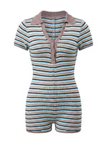 Women Summer Romper Short Sleeve Buttons Turn Down Collar Bodycon Jumpsuits Casual Daily Fashion Knit Striped Playsuits