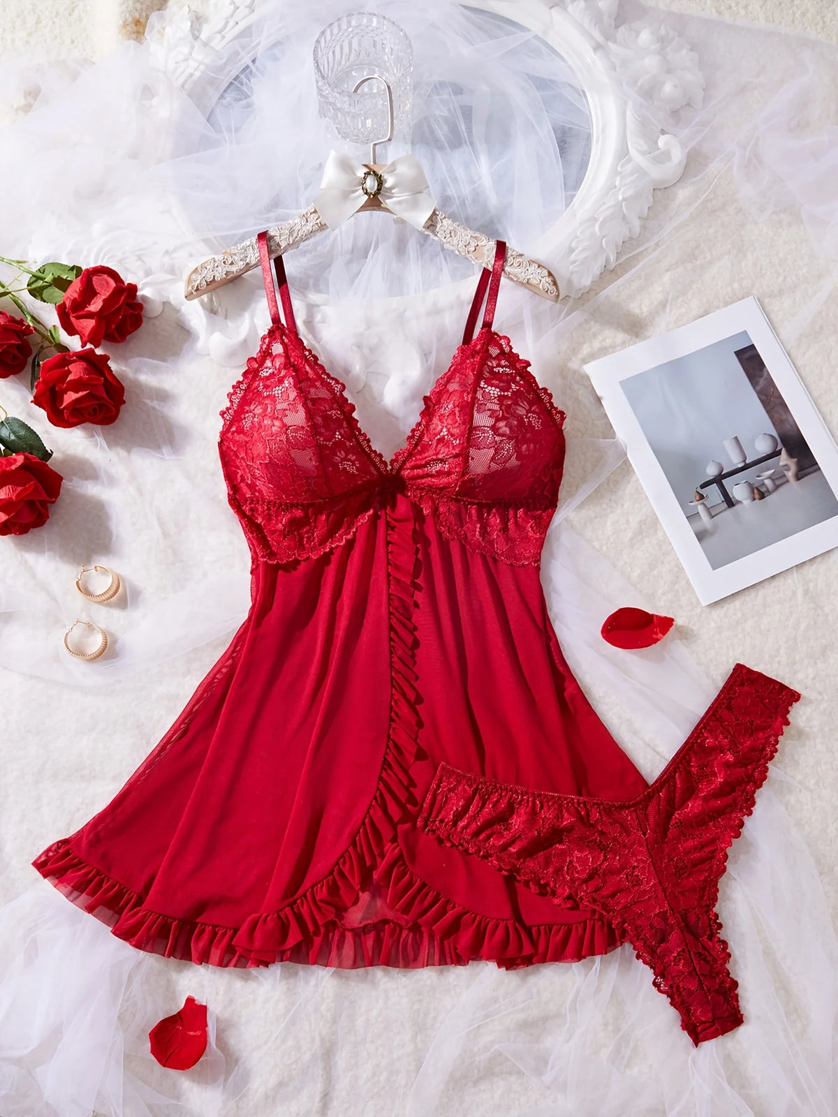 Sexy Lace Lingerie Set for Women, Red Hot Sleepwear Nightdress with Matching Panties, V-Neck Sheer Lace Camisole, Romantic Night