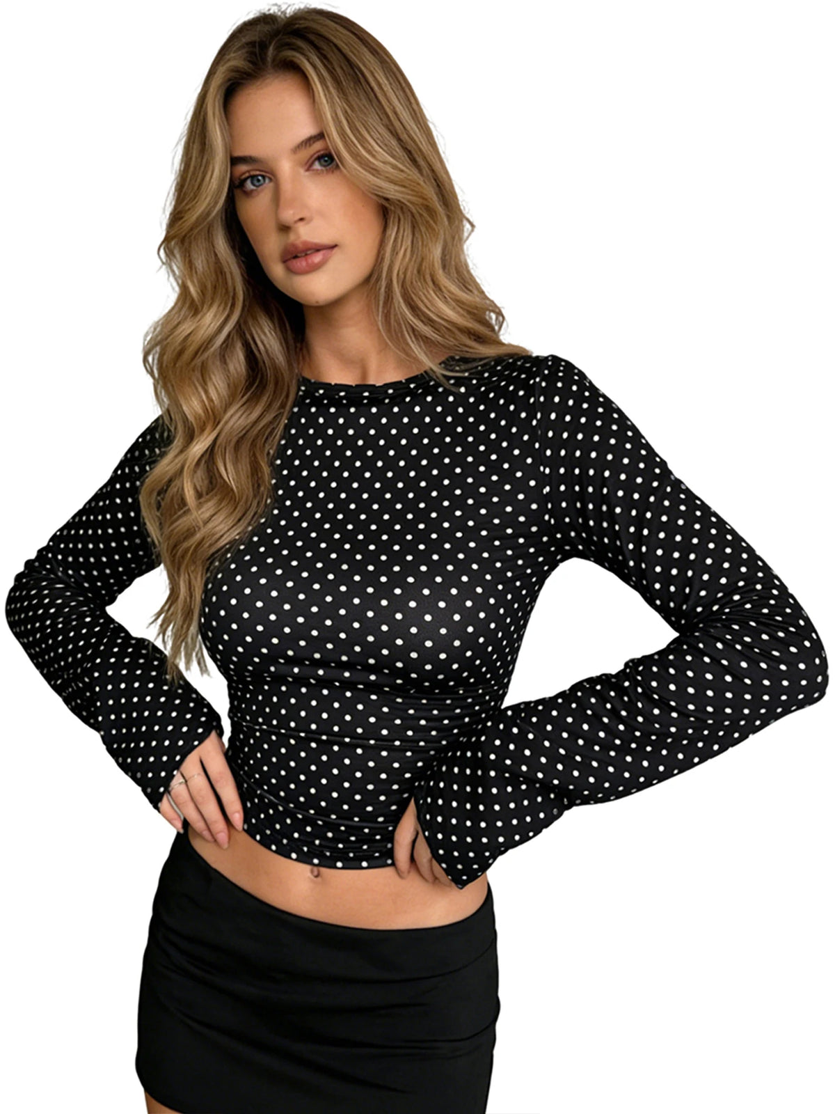 Women's Fashionable Dot Print Crew Neck Slim Fit Crop T-shirts Spring Summer Lone Bell Sleeve Tops