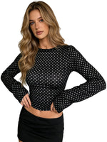 Women's Fashionable Dot Print Crew Neck Slim Fit Crop T-shirts Spring Summer Lone Bell Sleeve Tops