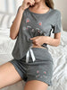 Women Summer Cartoon Cat Print Pajamas Set Casual Round Neck Short Sleeve Top and Shorts Sets Sleepwear Loungewear