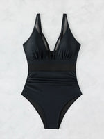 Solid Color One Piece Bikini for Women,sexy Deep-V Neck Suspender Backless Swimsuit,high Waist Translucent Striped Mesh Swimwear