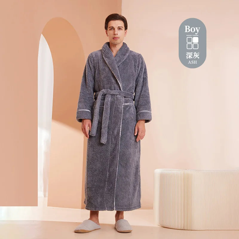 Men's and Women's Styles Winter Bathrobe Long Sleeve Warm Turn Down Collar Fluffy Bath Robe with Sashes Solid Fleece Gown 2025