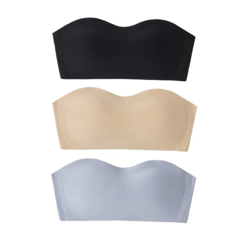 3Pcs/Set Women Strapless Bandeau Bra Removable Straps Seamless Wireless Multi‑Hook Back Closure Bra For Multi‑way Wearing