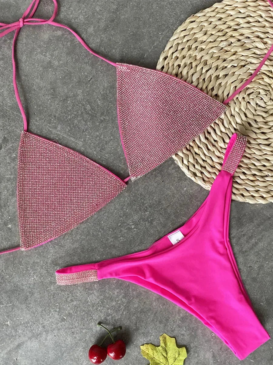Halter Jewelled Sequins Diamond Bikini Women Swimsuit Female Swimwear Two Pieces Bikini Set Mini Micro Bathing Suit Swim Lady