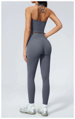 Women Tracksuit 2PCS Seamless Yoga Sets Hanging V Neck Slim Sports Tank Top Fitness Outfits Gym Running High Waist Leggings Suit