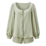 Women’s Casual 2 Piece Outfits Long Lantern Sleeve Button Down Tops + Shorts Set Solid Color Loose Suits